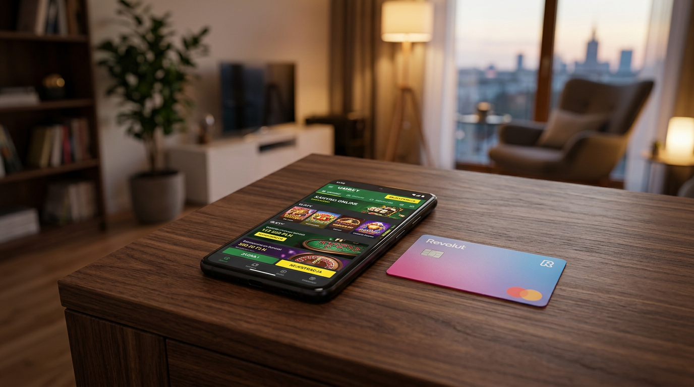 Karta Revolut i smartfon z aplikacją kasyna na biurku
