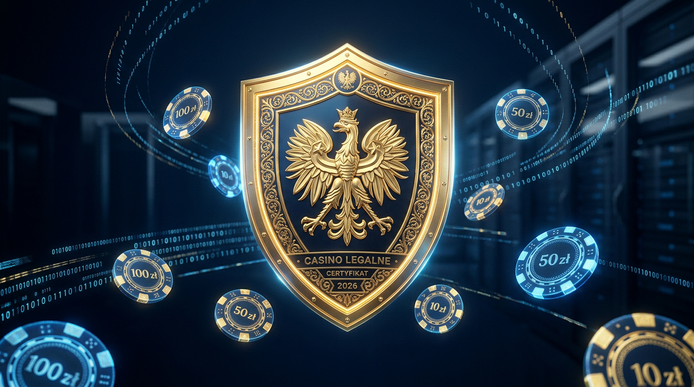 Cyfrowa tarcza bezpieczeństwa z polskim godłem i żetonami kasynowymi symbolizująca legalny hazard online.
